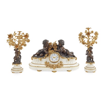 Lot 514 - FRENCH GILT AND PATINATED BRONZE AND MARBLE MANTLE CLOCK GARNITURE, AFTER CLODION