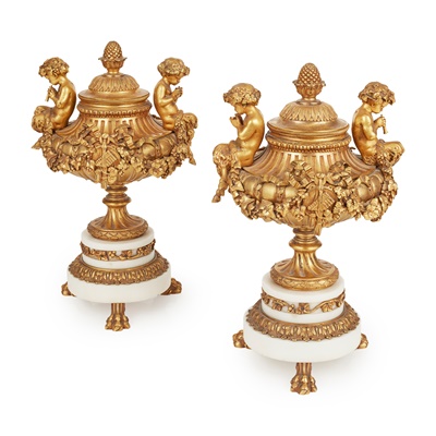 Lot 475 - PAIR OF FRENCH GILT BRONZE AND WHITE MARBLE CASSOLETTES