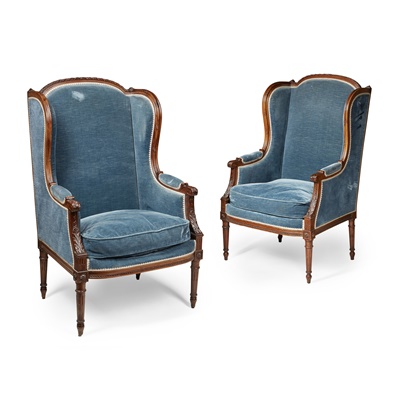 Lot 454 - PAIR OF LOUIS XVI STYLE MAHOGANY WING ARMCHAIRS