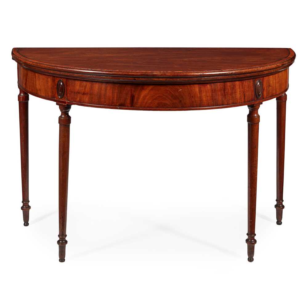 Lot 203 - LATE GEORGE III MAHOGANY AND SATINWOOD DEMILUNE CARD TABLE, ATTRIBUTED TO INCE & MAYHEW