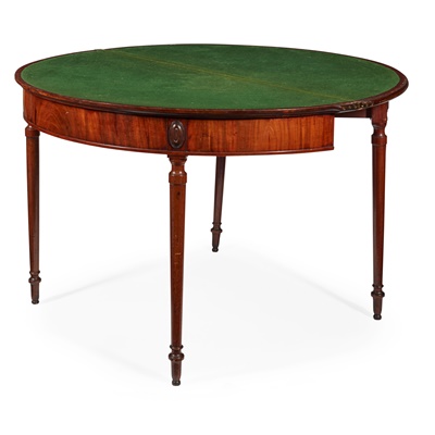 Lot 203 - LATE GEORGE III MAHOGANY AND SATINWOOD DEMILUNE CARD TABLE, ATTRIBUTED TO INCE & MAYHEW