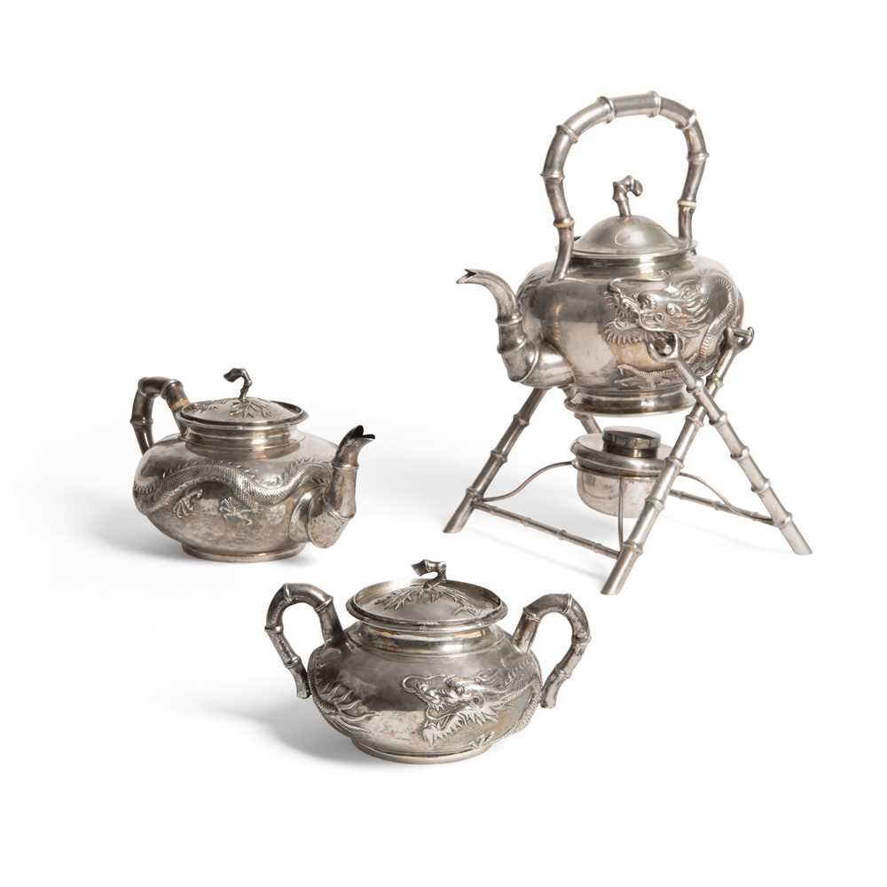 Lot 218 - GROUP OF THREE EXPORT SILVER TEA WARES