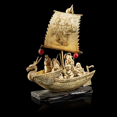 Lot 264 - BONE AND IVORY OKIMONO OF A BOAT WITH DEITIES