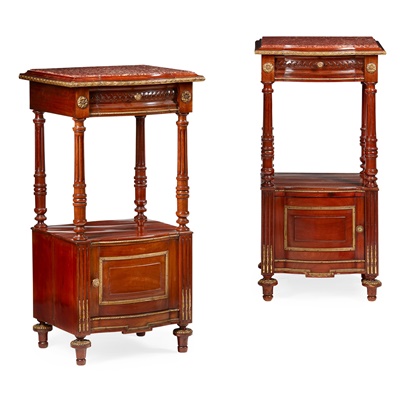 Lot 495 - PAIR OF FRENCH EMPIRE STYLE MAHOGANY MARBLE TOP BEDSIDE COMMODES