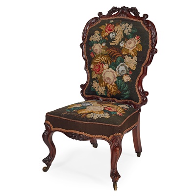 Lot 358 - EARLY VICTORIAN ROSEWOOD AND BEADED NEEDLEWORK PARLOUR CHAIR