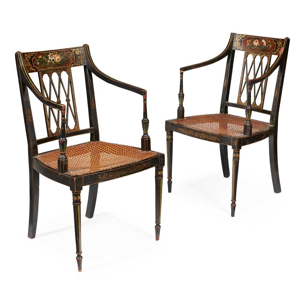 Lot 283 - PAIR OF GEORGE III JAPANNED AND PARCEL GILT ARMCHAIRS