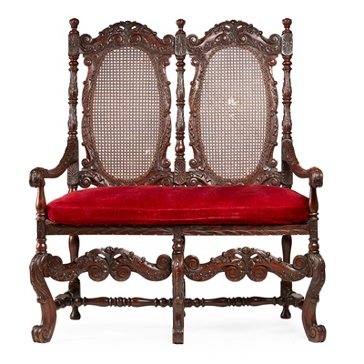 Lot 20 - WILLIAM AND MARY STYLE WALNUT AND CANED HALL SEAT