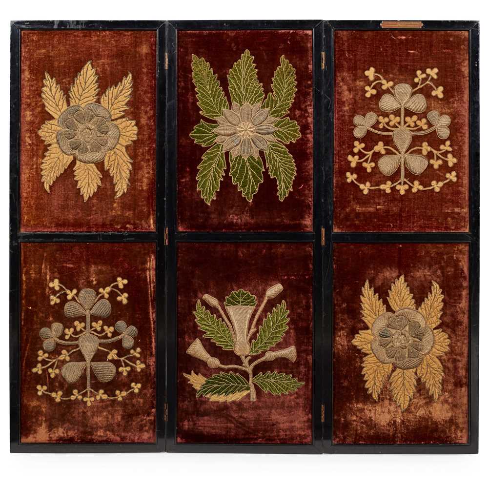 Lot 315 - VICTORIAN COLONIAL INDIA INTEREST, VELVET EMBROIDERED THREE FOLD FLOOR SCREEN