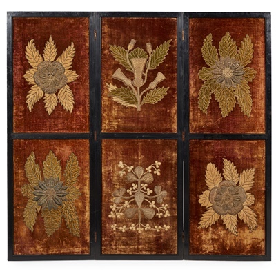 Lot 315 - VICTORIAN COLONIAL INDIA INTEREST, VELVET EMBROIDERED THREE FOLD FLOOR SCREEN