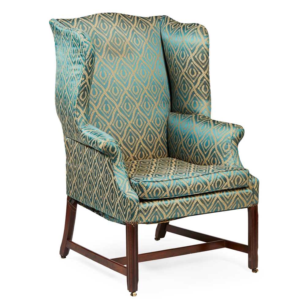 Lot 143 - GEORGE III MAHOGANY UPHOLSTERED WING ARMCHAIR