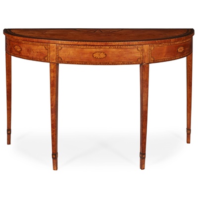 Lot 263 - GEORGE III SATINWOOD AND MARQUETRY DEMI-LUNE HALL TABLE