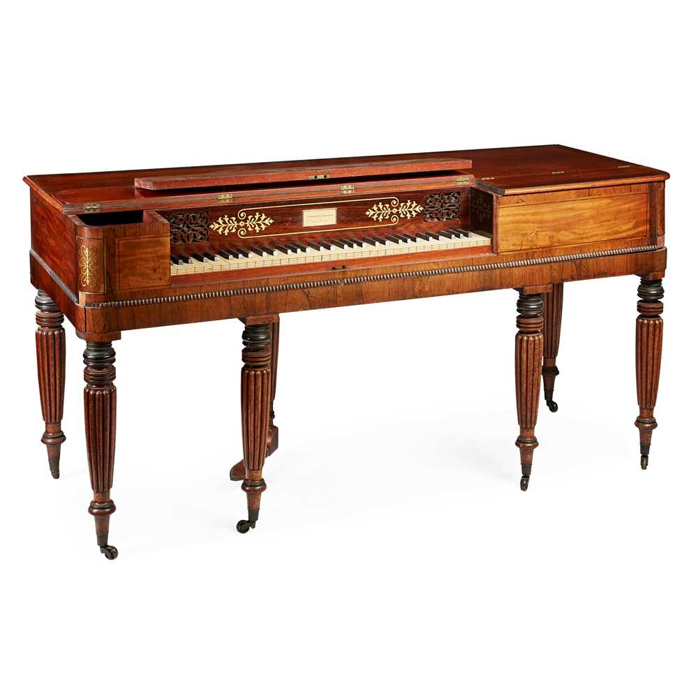 Lot 257 - REGENCY MAHOGANY, BRASS INLAID, AND ROSEWOOD SQUARE PIANO, CLEMENTI & COMPANY