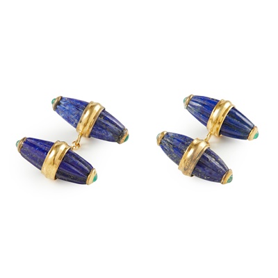 Lot 103 - A pair of emerald and lapis lazuli set cufflinks