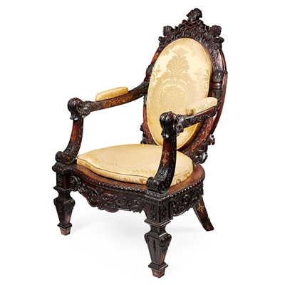 Lot 503 - ANGLO-INDIAN BRASS INLAID CARVED ROSEWOOD UPHOLSTERED ARMCHAIR