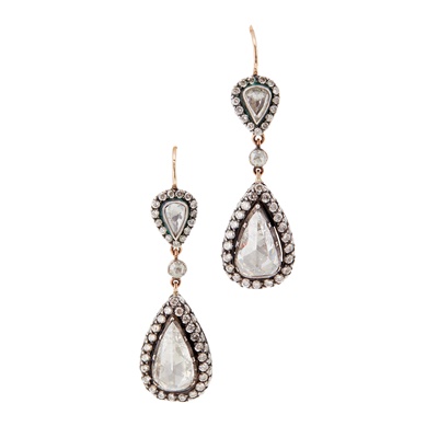 Lot 62 - A pair of rose-cut diamond set pendant earrings
