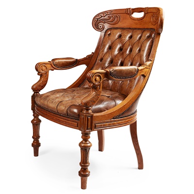 Lot 154 - GEORGE IV OAK LEATHER UPHOLSTERED ARMCHAIR, ATTRIBUTED TO GILLOWS