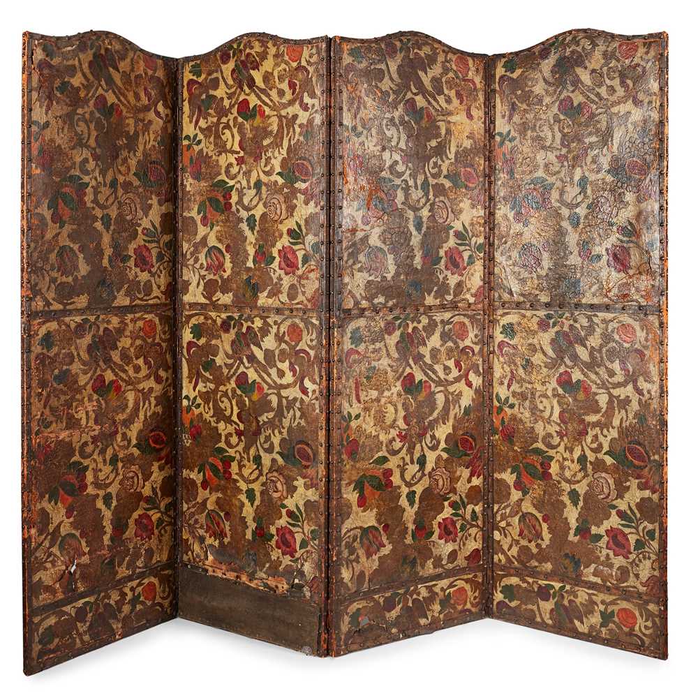 Lot 94 - SPANISH PAINTED AND GILDED LEATHER FOUR-FOLD SCREEN