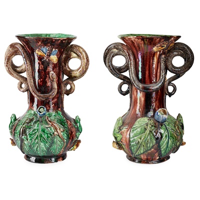 Lot 115 - PAIR OF PORTUGUESE PALISSY-STYLE VASES BY MAFRA & SONS, CALDAS