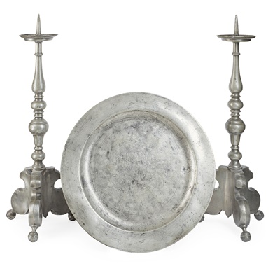 Lot 147 - TWO PEWTER PRICKET CANDLESTICKS