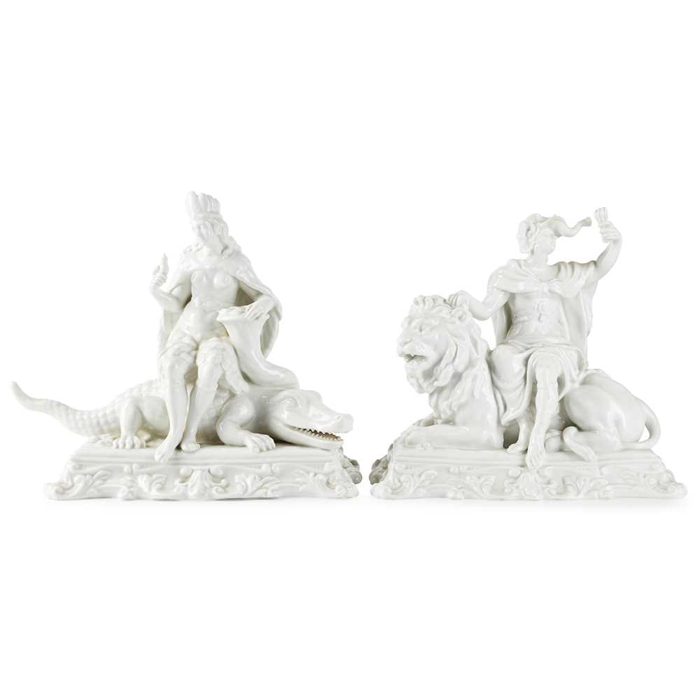 Lot 126 - PAIR OF CONTINENTAL BLANC-DE-CHINE PORCELAIN FIGURES EMBLEMATIC OF THE CONTINENTS