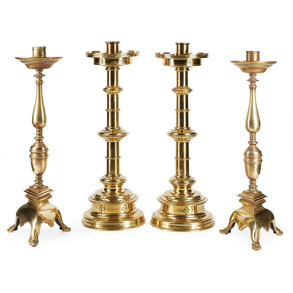 Lot 160 - PAIR OF GOTHIC REVIVAL BRASS CANDLESTICKS, POSSIBLY HARDMAN & SONS
