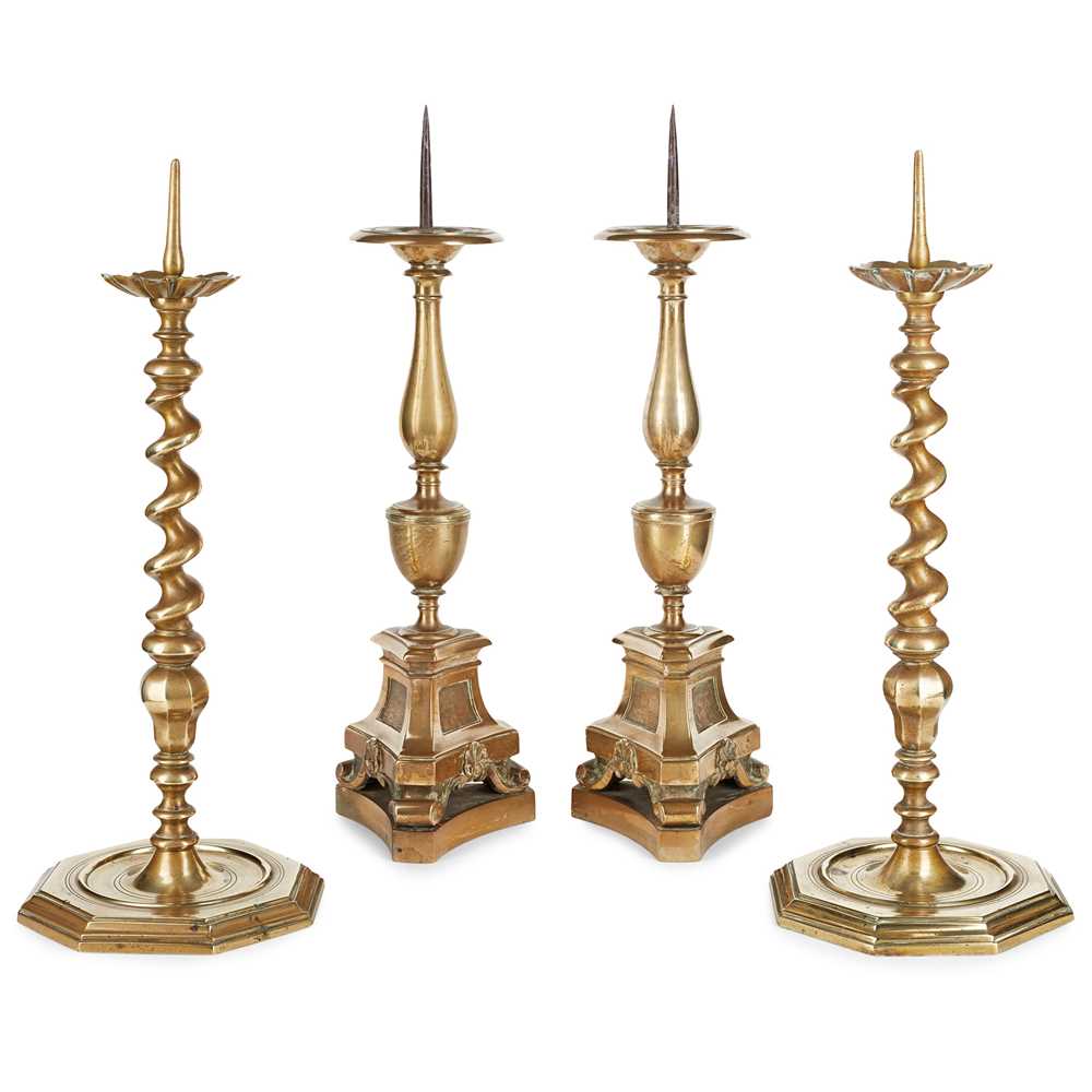 Lot 133 - TWO PAIRS OF BRASS PRICKET CANDLESTICKS