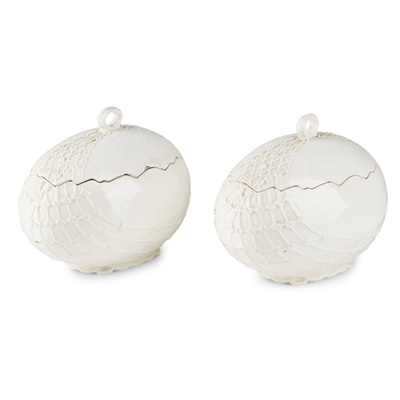 Lot 112 - PAIR OF CONTINENTAL WHITE GLAZED POTTERY 'EGG' TUREENS