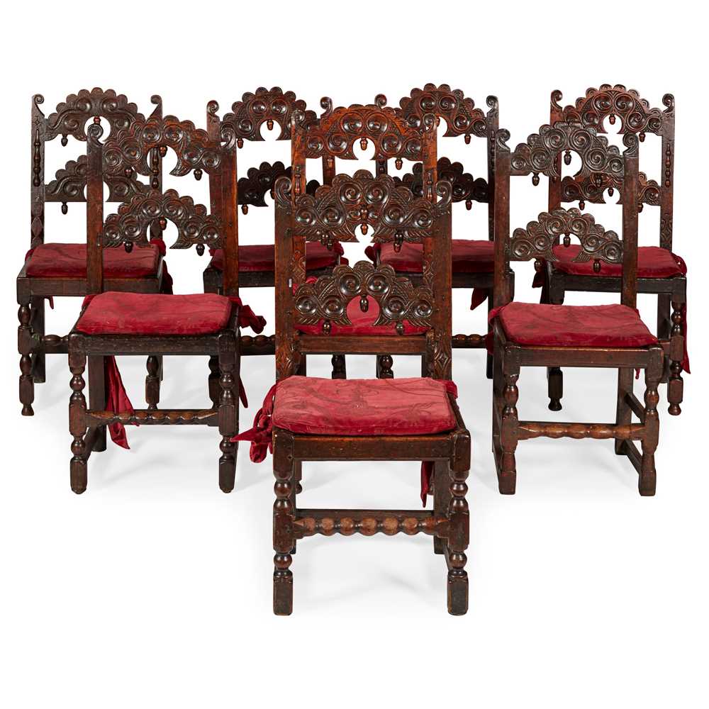 Lot 2 - MATCHED SET OF EIGHT 17TH CENTURY STYLE CARVED OAK DINING CHAIRS, PROBABLY YORKSHIRE