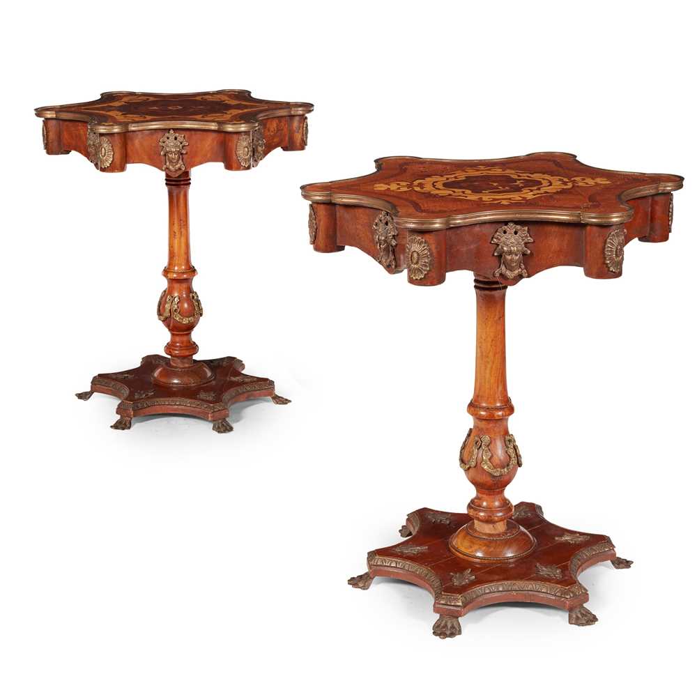 Lot 17 - PAIR OF CONTINENTAL KINGWOOD, MARQUETRY, BRASS MOUNTED OCCASIONAL TABLES
