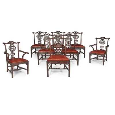 Lot 106 - FINE SET OF EIGHT CHIPPENDALE STYLE MAHOGANY DINING CHAIRS
