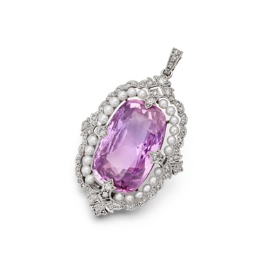 Lot 126 - An American Art Deco pink sapphire, seed pearl and diamond pendant, 1920s