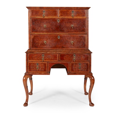 Lot 47 - QUEEN ANNE WALNUT SEAWEED MARQUETRY CHEST-ON-STAND