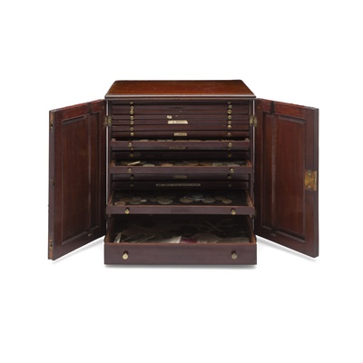 Lot 120 - A late 19th-century mahogany coin collector’s cabinet and coins