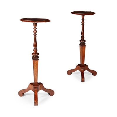 Lot 46 - PAIR OF QUEEN ANNE STYLE WALNUT AND SEAWEED MARQUETRY TORCHERE STANDS