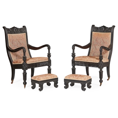 Lot 577 - PAIR OF ANGLO-INDIAN EBONY ARMCHAIRS AND ASSOCIATED FOOTSTOOLS