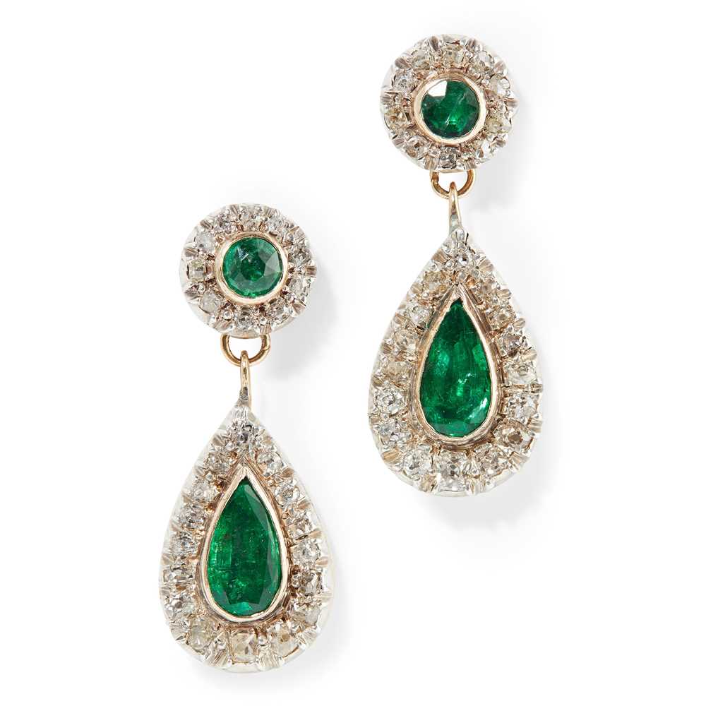 Lot 69 - A pair of emerald and diamond set pendant earrings