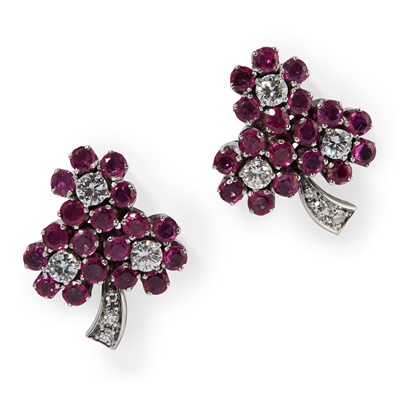 Lot 10 - A pair of Burmese ruby and diamond cluster earrings