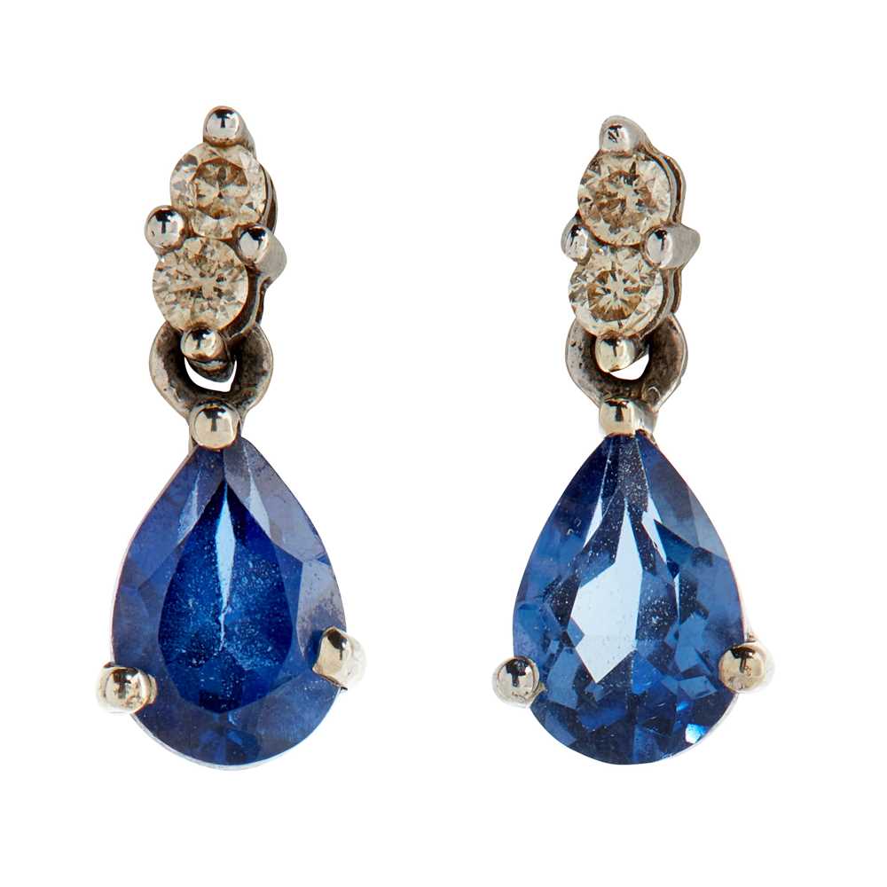 Lot 83 - A pair of sapphire and diamond set pendant earrings