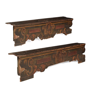 Lot 152 - PAIR OF NORTH ITALIAN PAINTED HALL BENCHES, CASSAPANCAS