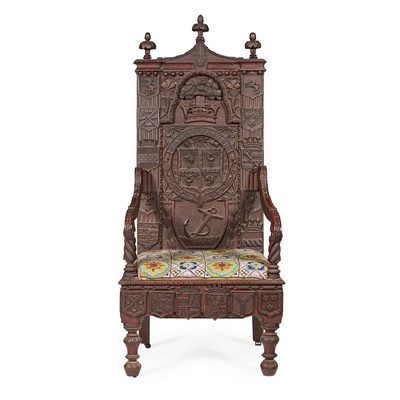 Lot 137 - CEREMONIAL CARVED OAK ARMORIAL ARMCHAIR