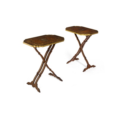 Lot 24 - PAIR OF ROSEWOOD MARQUETRY, MOTHER-OF-PEARL, SILVER METAL, AND BRASS BANDED OCCASIONAL TABLES