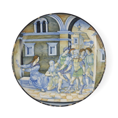 Lot 64 - AN UNRECORDED ITALIAN [URBINO] ISTORIATO MAIOLICA DISH, ATTRIBUTED TO NICOLA DA URBINO, CIRCA 1520-23