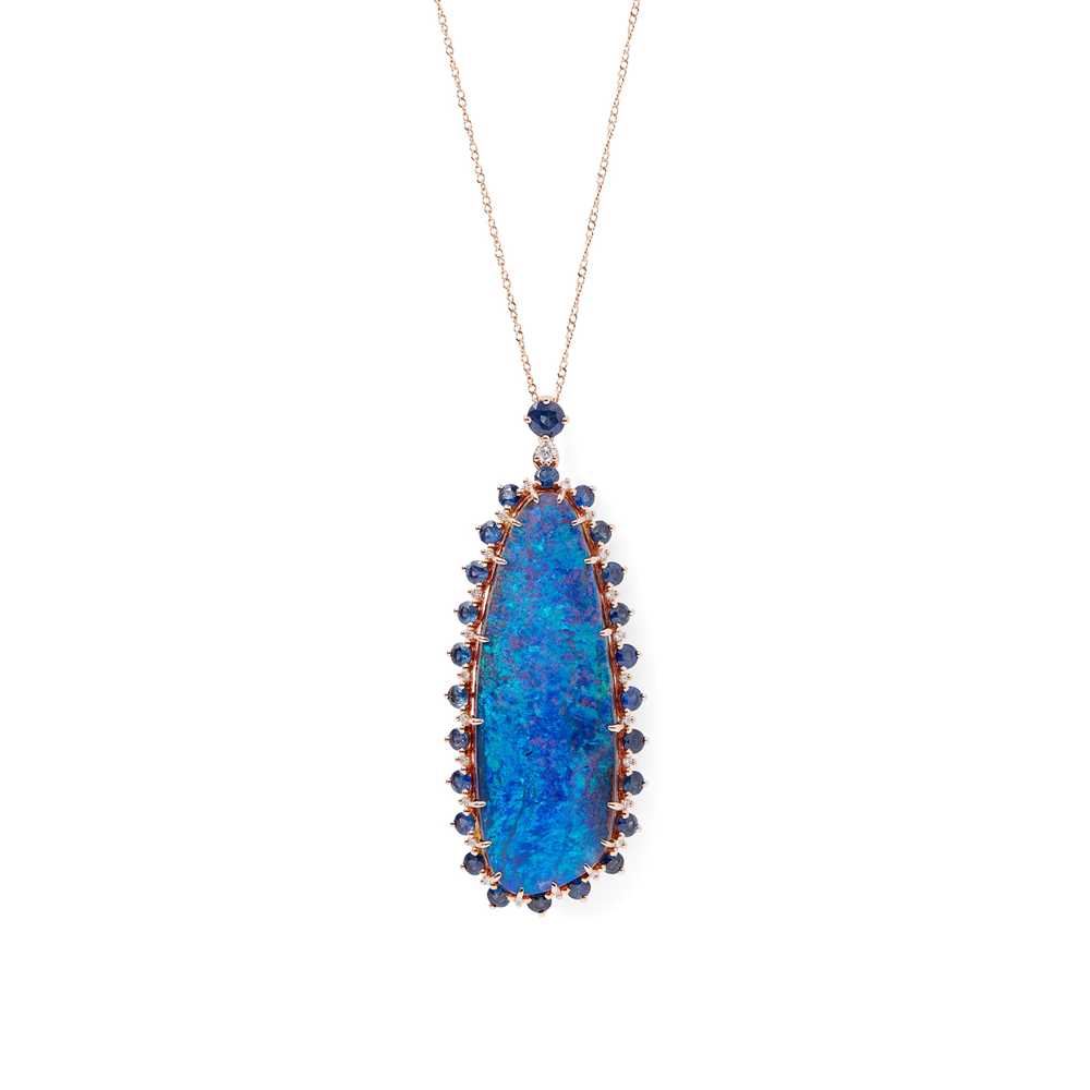 Lot 93 - An opal, diamond and sapphire set pendant