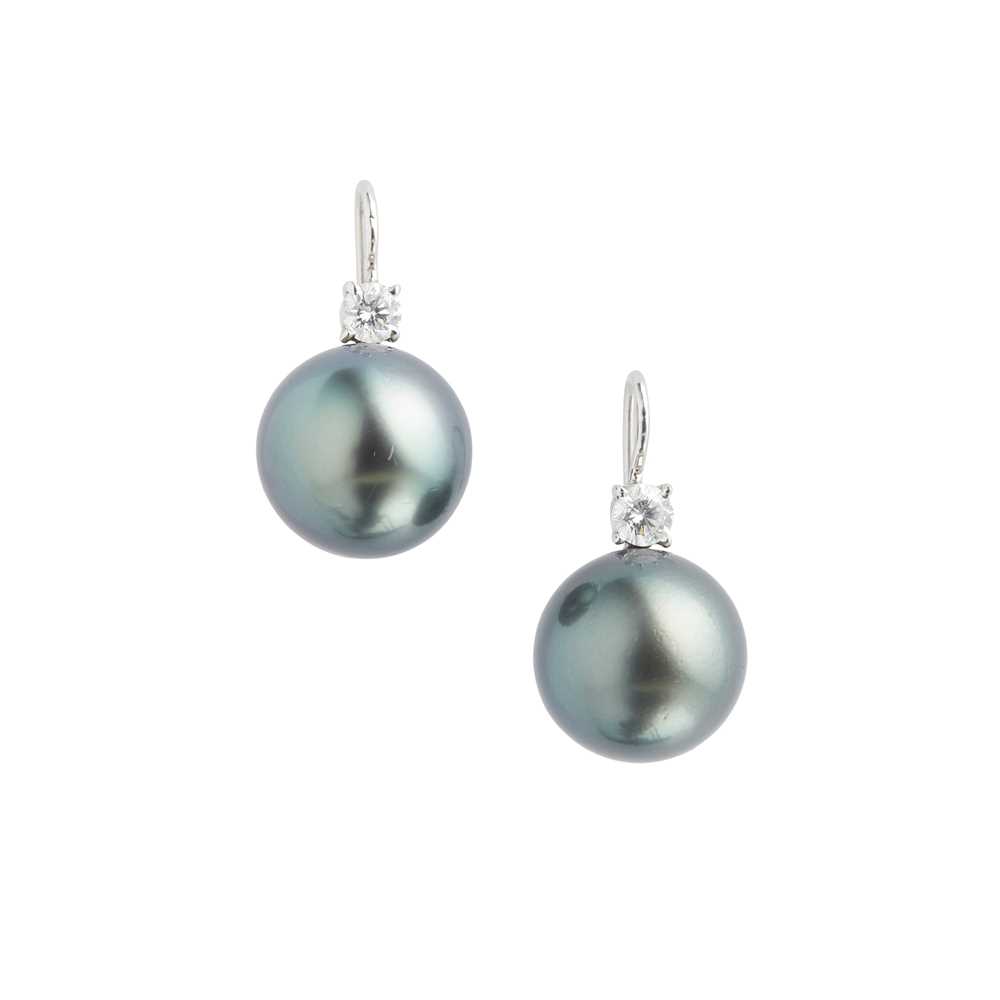 Lot 104 - A pair of black pearl and diamond set pendant earrings