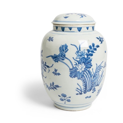 Lot 243 - BLUE AND WHITE JAR WITH COVER