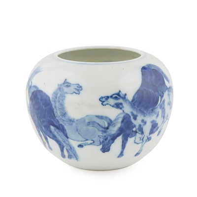 Lot 164 - BLUE AND WHITE 'EIGHT HORSES' WATER POT