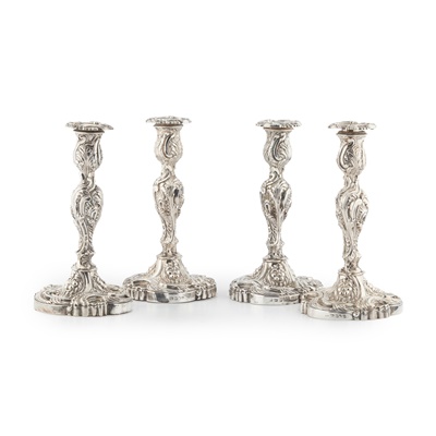 Lot 242 - AMENDMENT A SUITE OF FOUR GEORGE III TABLE CANDLESTICKS AND A PAIR OF THREE LIGHT CANDELABRA