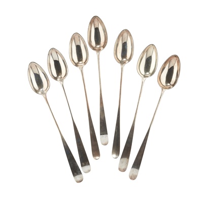 Lot 211 - A SET OF SEVEN GEORGE III SERVING SPOONS