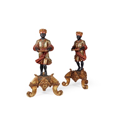 Lot 511 - PAIR OF VENETIAN CARVED, POLYCHROMED AND GILT FIGURES OF NORTH AFRICAN ATTENDANTS