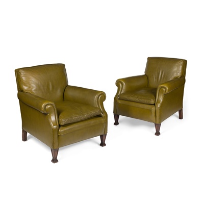 Lot 457 - PAIR OF GREEN LEATHER LIBRARY ARMCHAIRS